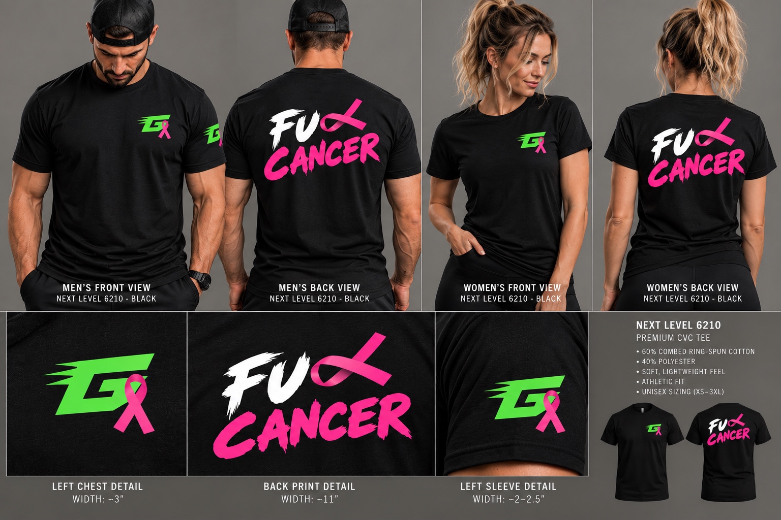Finished G-Theory black shirt mockup showing men’s and women’s front and back views, green G with pink ribbon at the chest and sleeve, and FU Cancer back artwork.